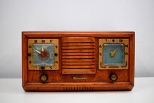 Load image into Gallery viewer, Honey Chestnut Wood 1952 Firestone 4-A-110 Vacuum Tube AM Clock Radio Completely Restore and Sounds Great!