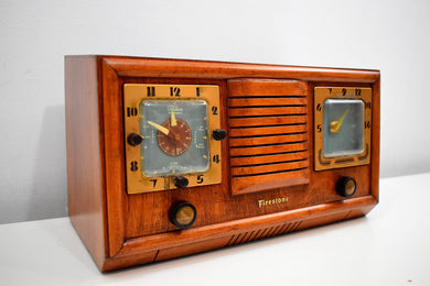 Honey Chestnut Wood 1952 Firestone 4-A-110 Vacuum Tube AM Clock Radio Completely Restore and Sounds Great!