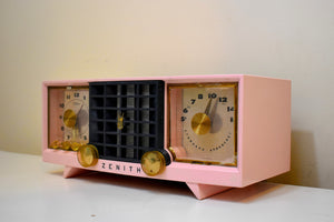 Veronica Pink and Black Mid Century Vintage 1956 Zenith 519V AM Vacuum Tube Clock Radio Works Great and Excellent Condition!